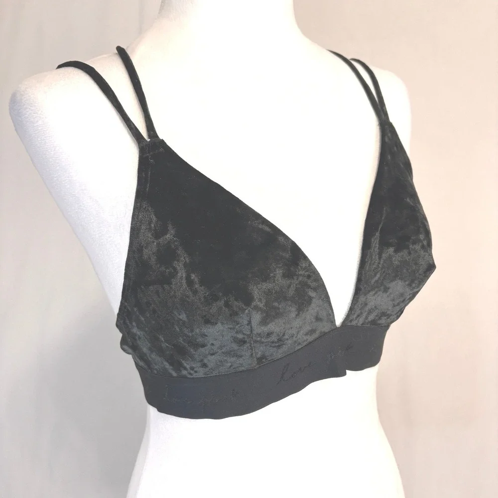 Pink Victoria's Secret Bralette Womens‎ Small Black Crushed Velvet Strappy Back